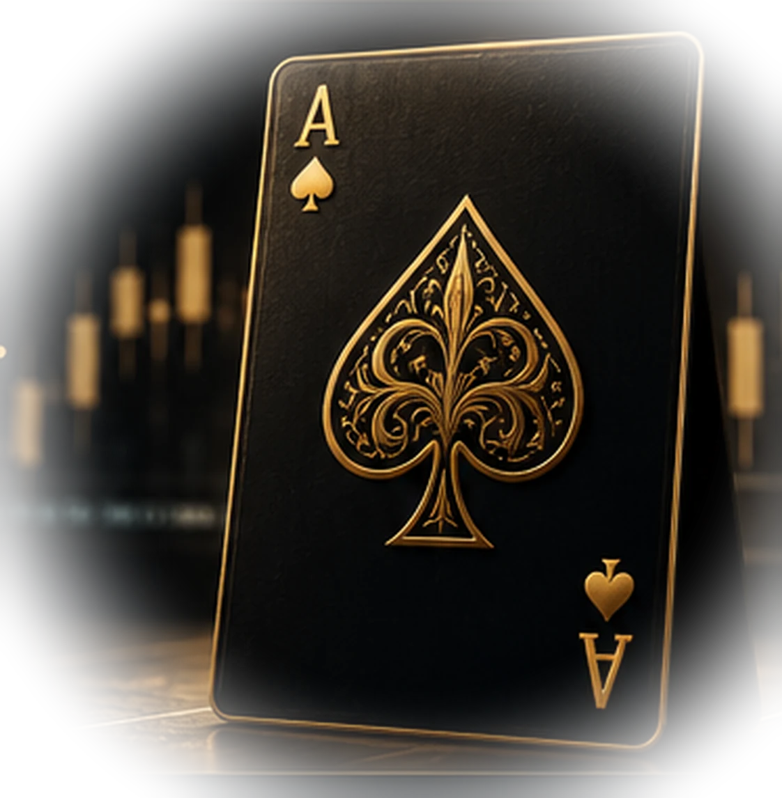 A black and gold ace of spades card standing before a softly lit field of candlestick bars.